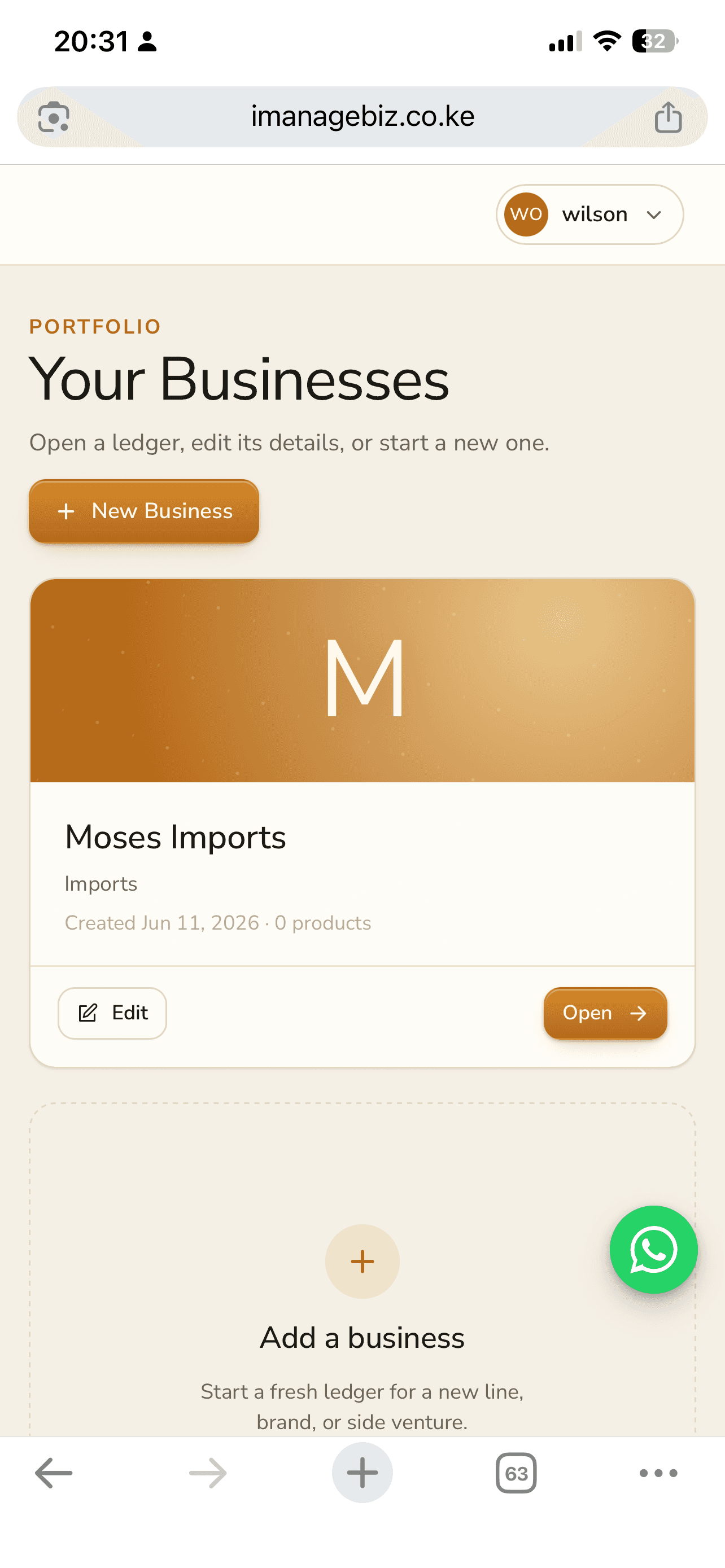 iManage portfolio screen listing your businesses with an Open button on each