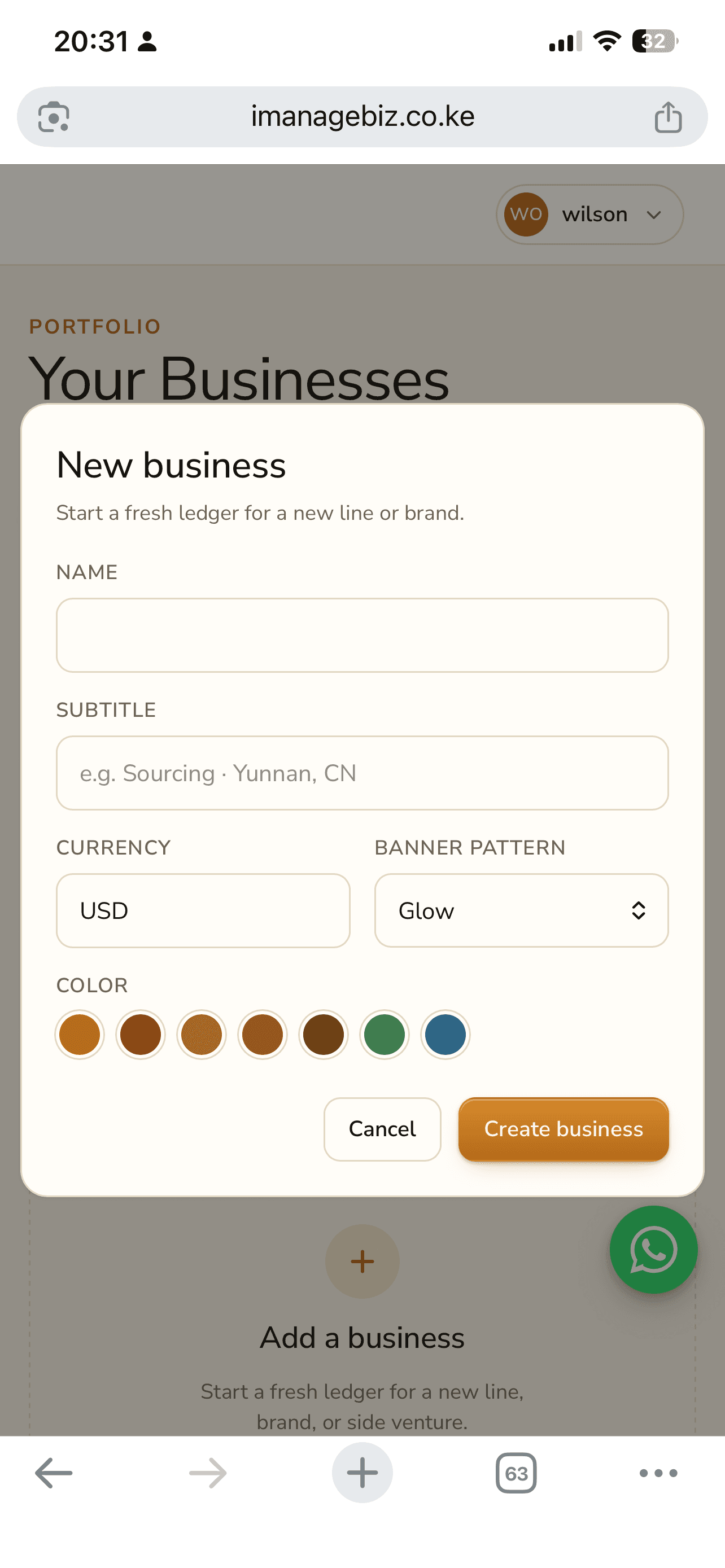 New business form with name, subtitle, currency, and colour options
