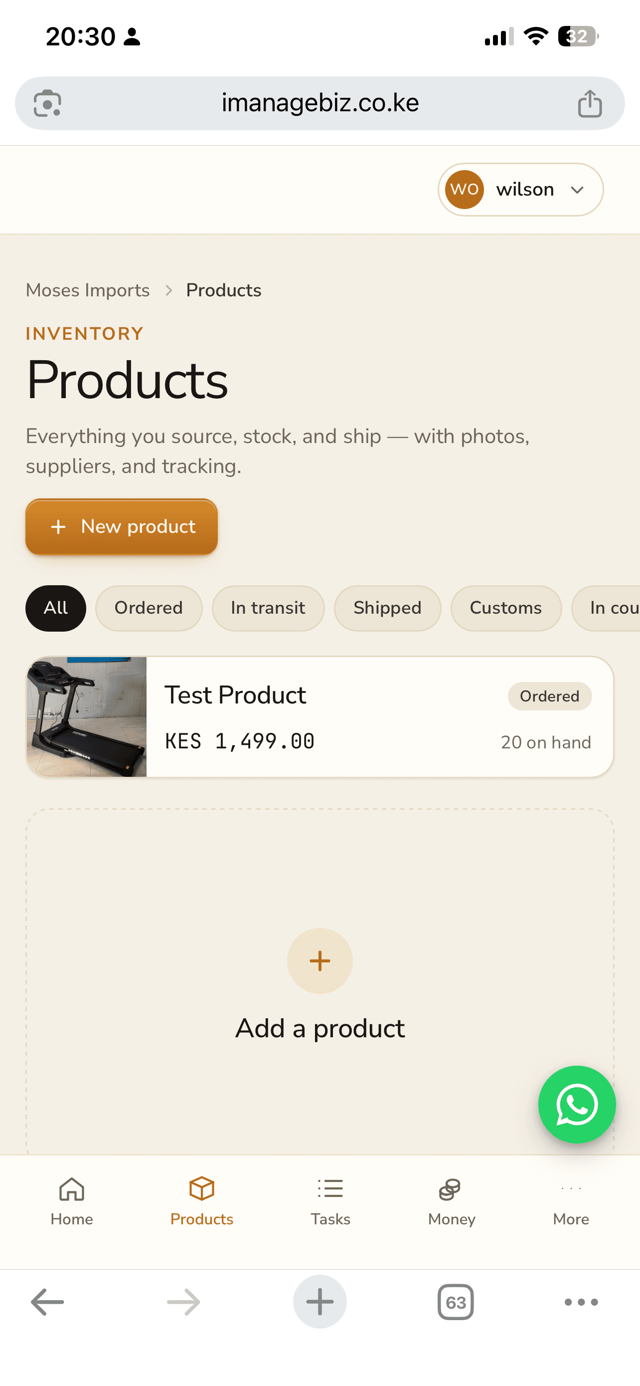 Products screen showing a product with photo, price, and stock on hand