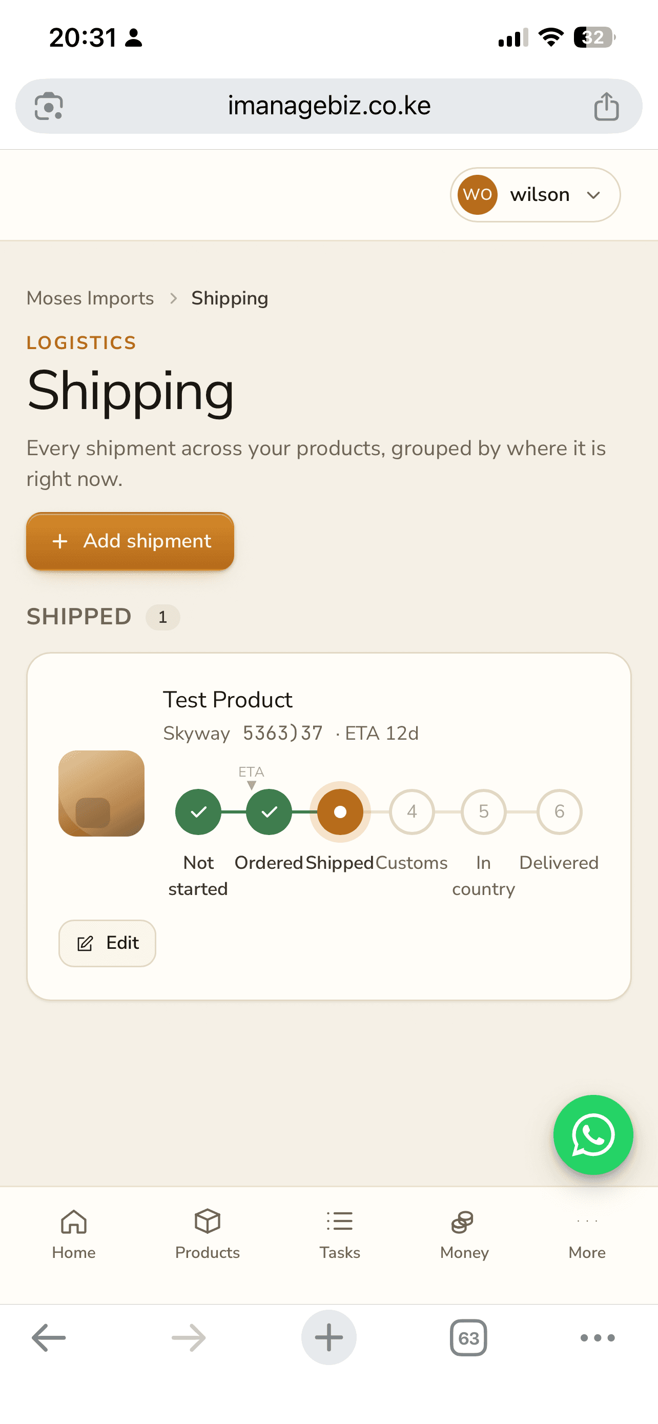 Shipping screen with a six-stage tracker from Not started to Delivered