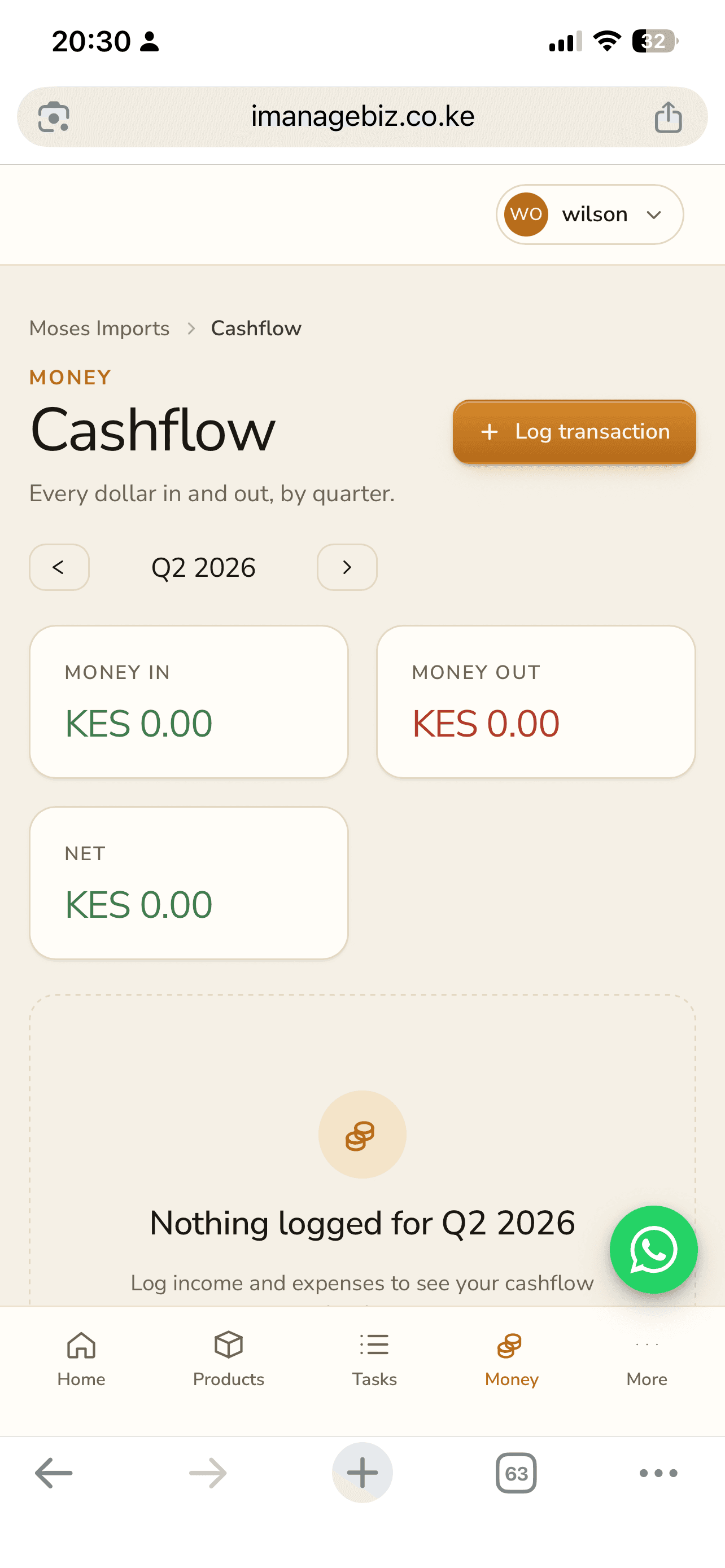 Cashflow screen showing money in, money out, and net for the quarter