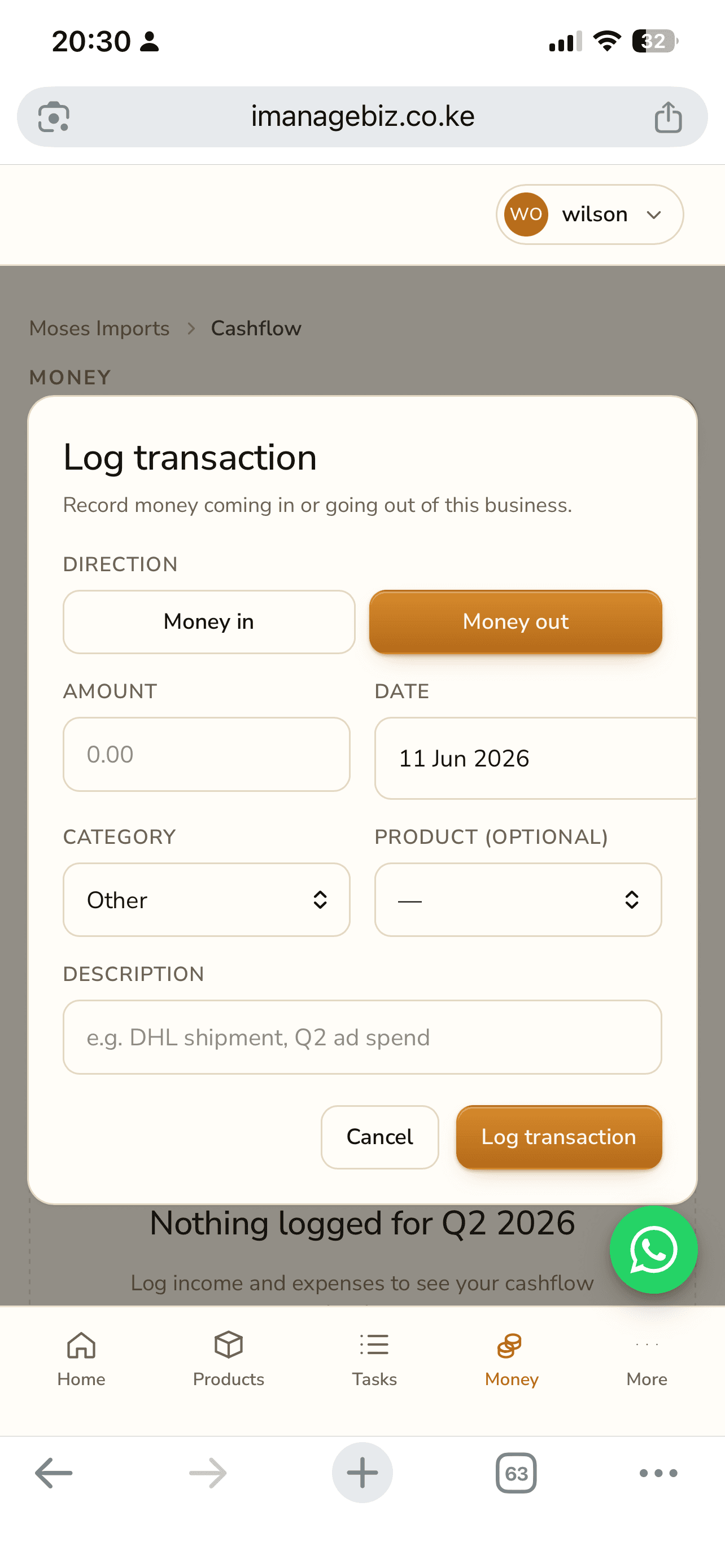Log transaction form with direction, amount, date, and category