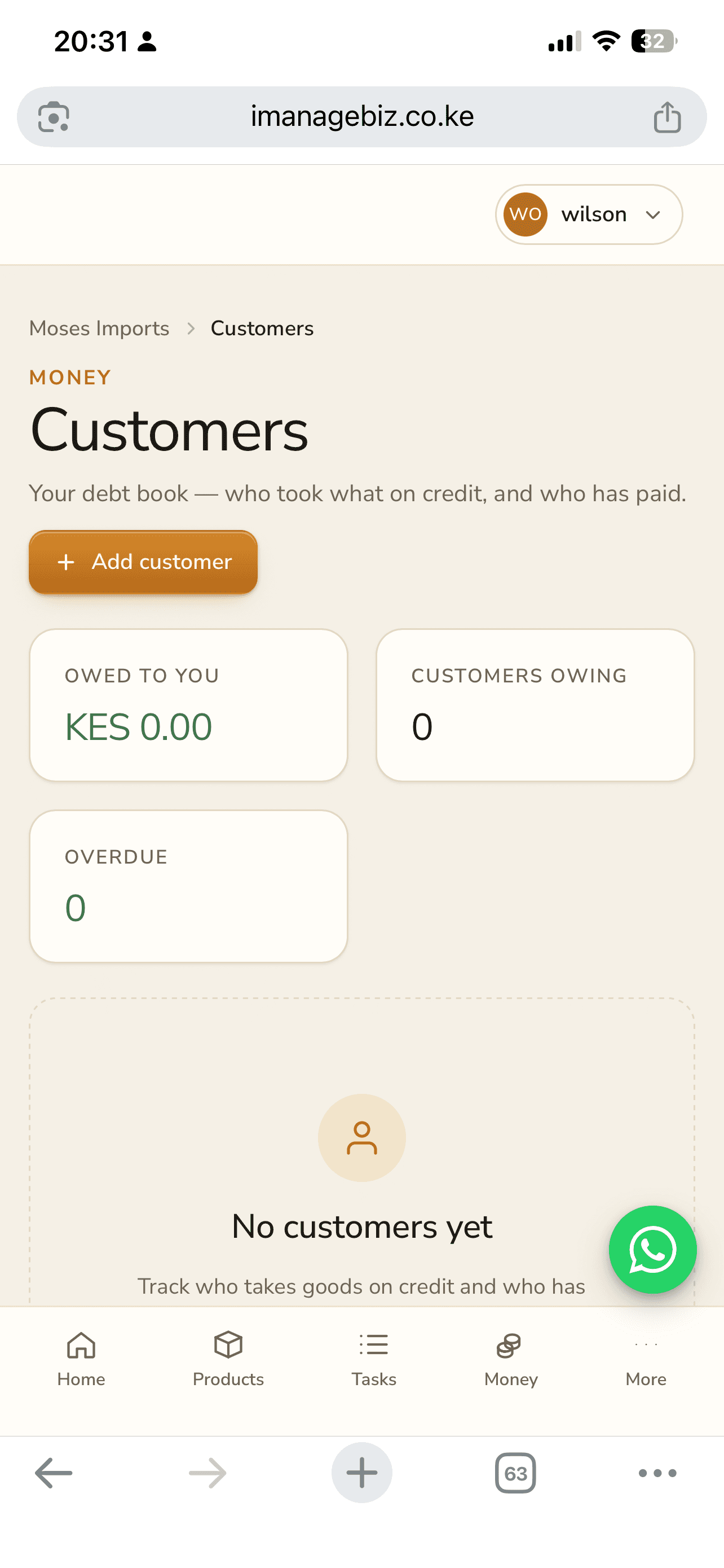 Customers screen showing amounts owed to you and overdue counts