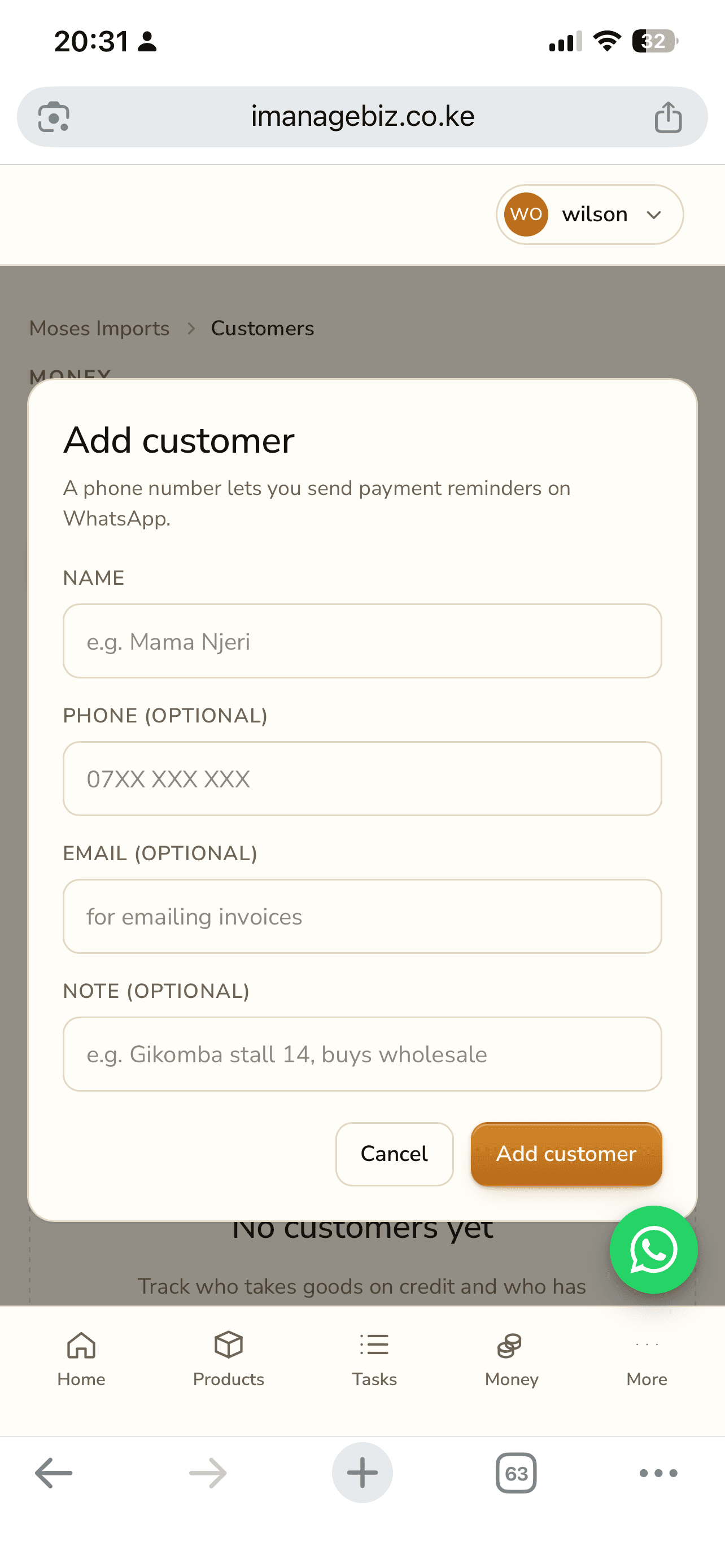 Add customer form with name, phone, email, and note fields