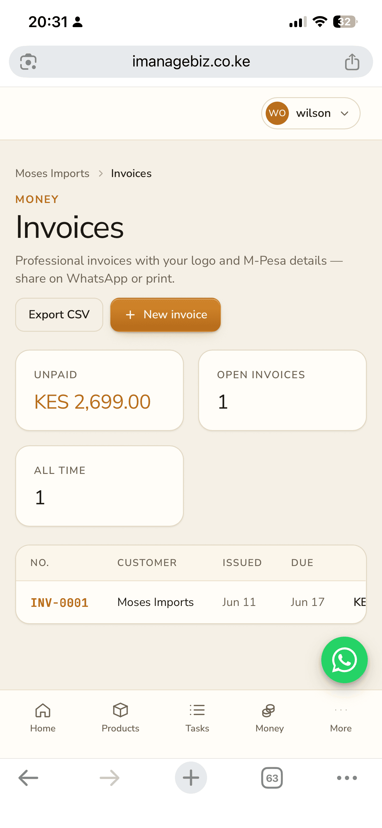 Invoices screen with unpaid total, open invoices, and an invoice list