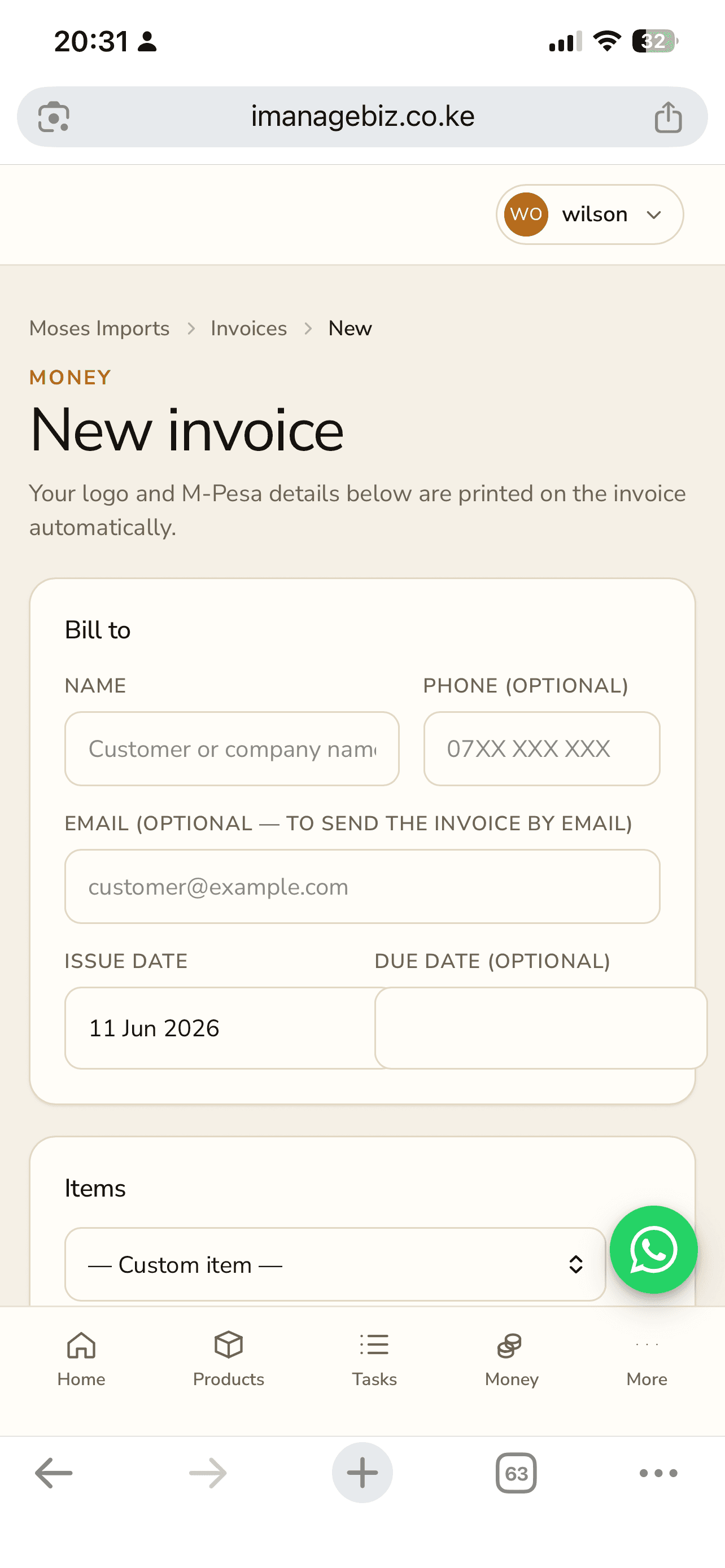 New invoice form with customer details, dates, and items