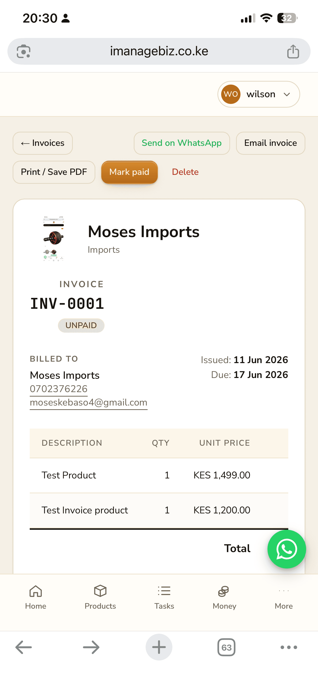 Invoice INV-0001 with Send on WhatsApp, Email invoice, and Mark paid buttons