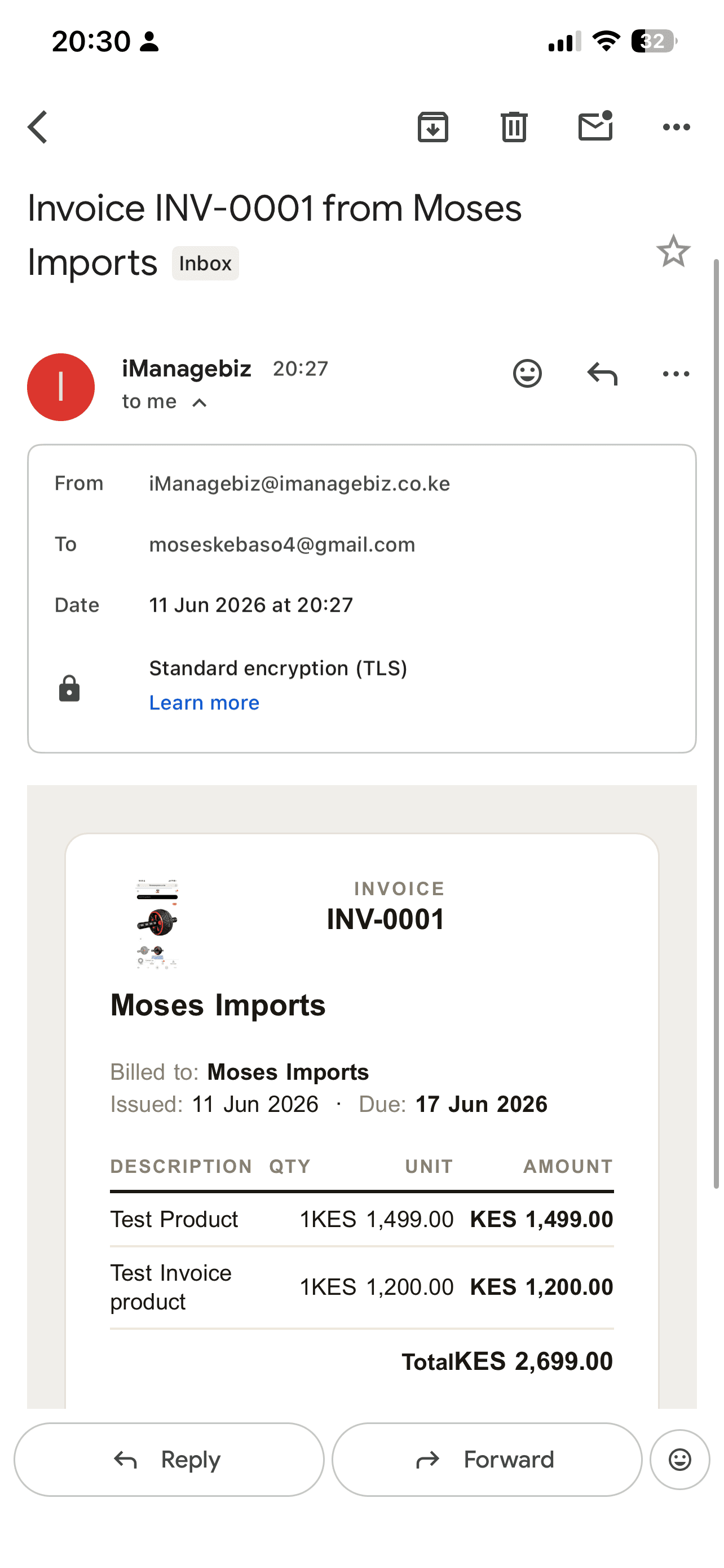 Gmail inbox showing a real invoice email sent from iManage