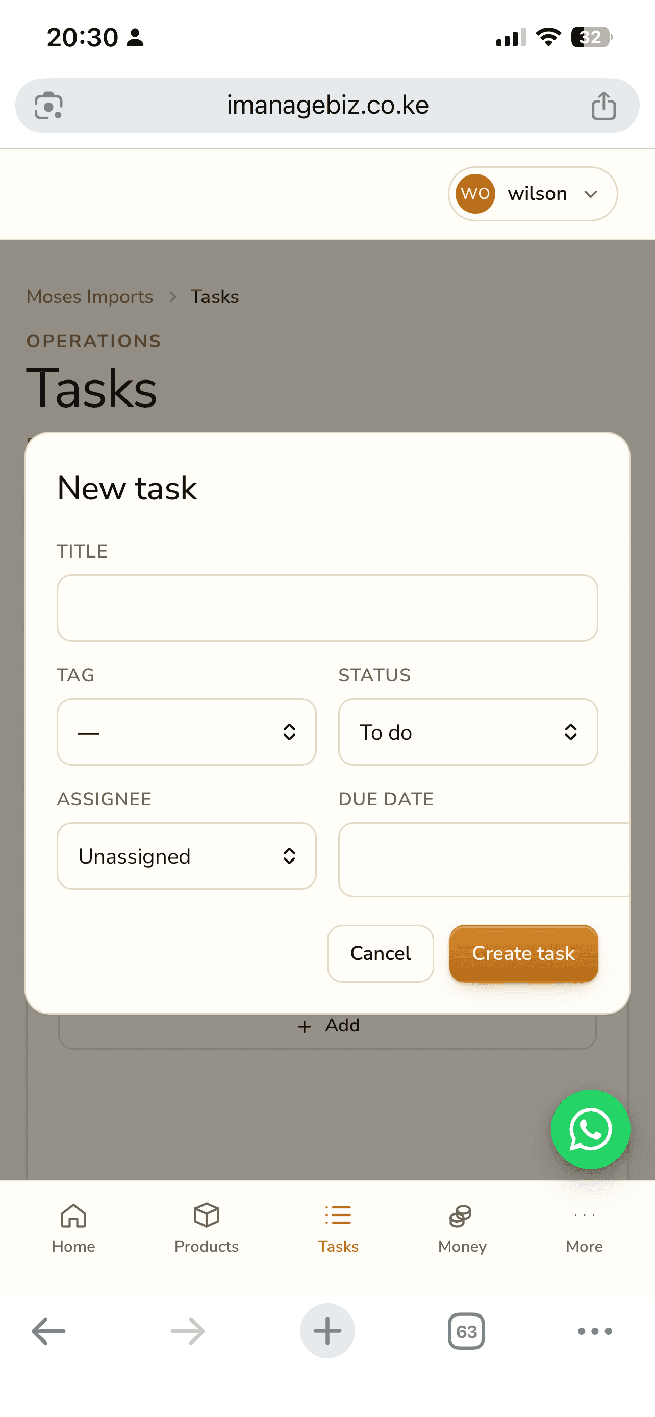 New task form with title, tag, status, assignee, and due date