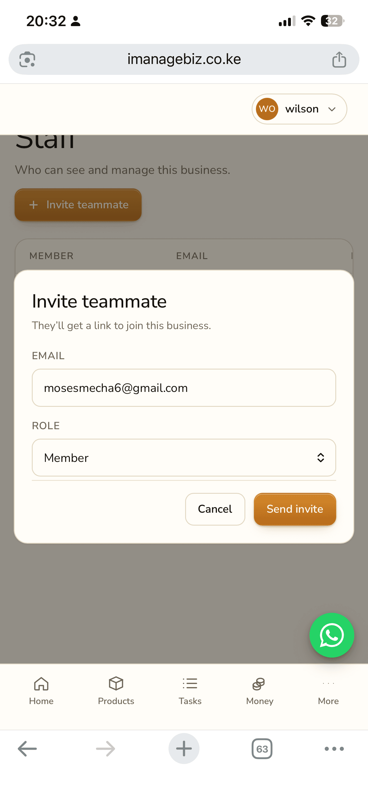 Invite teammate form with email and role fields
