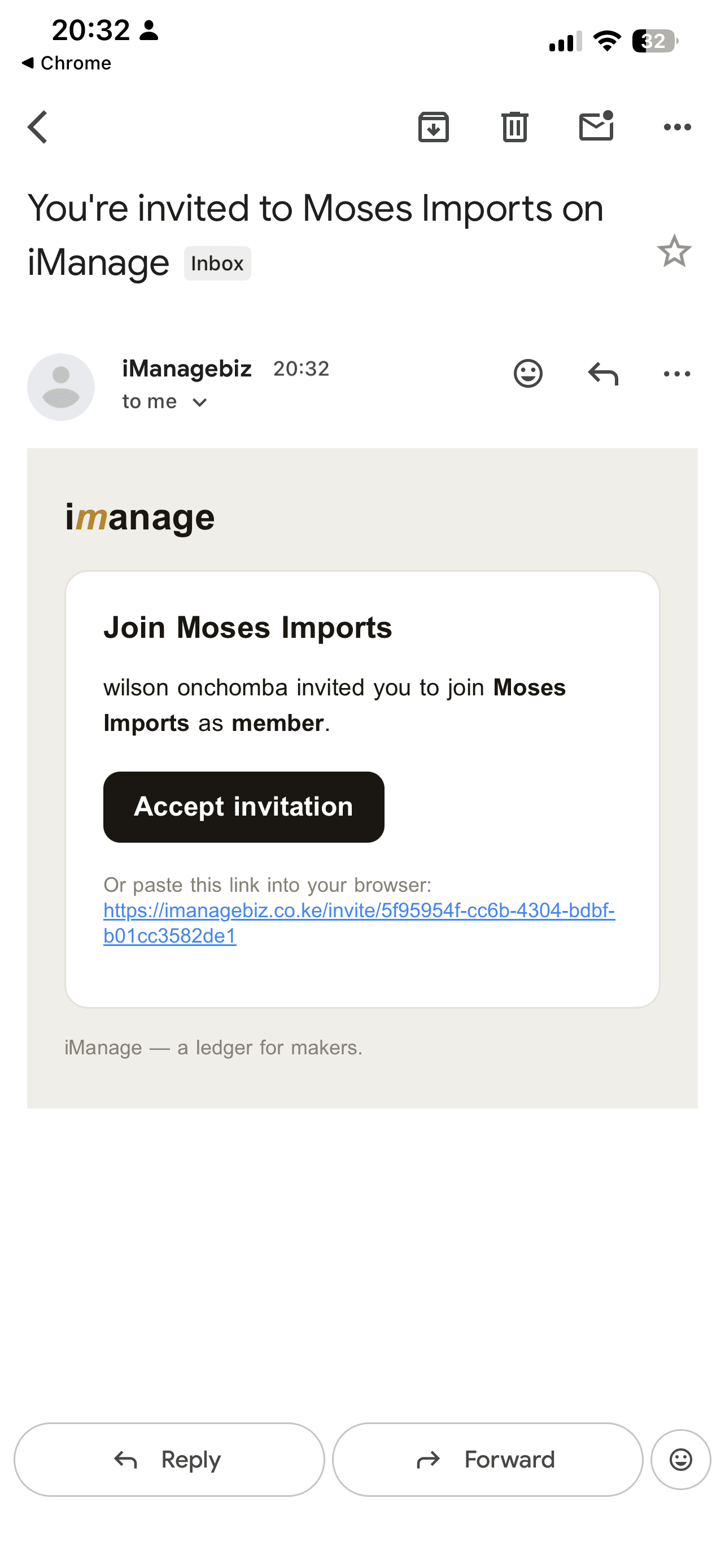 Gmail inbox showing an iManage invitation email with an Accept button