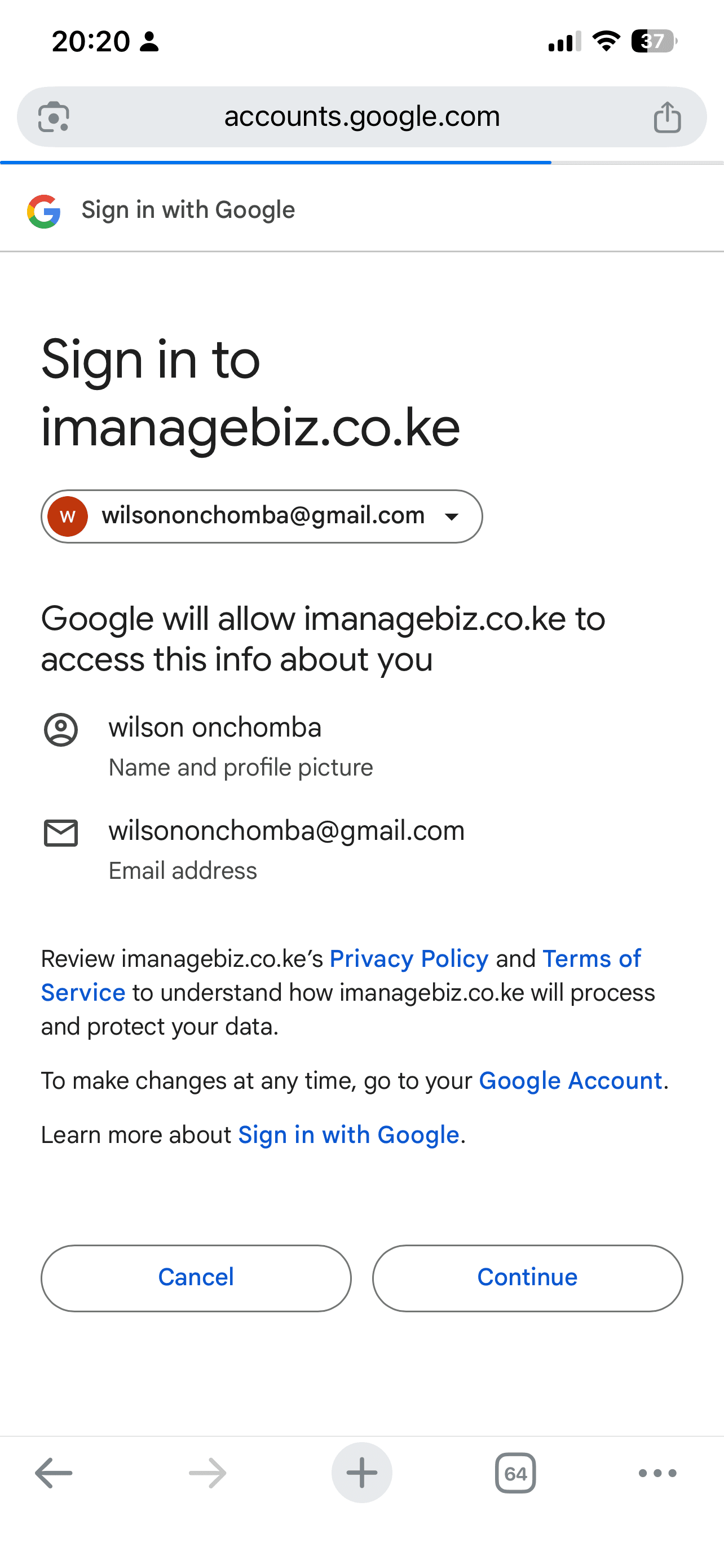 Sign in with Google screen for imanagebiz.co.ke